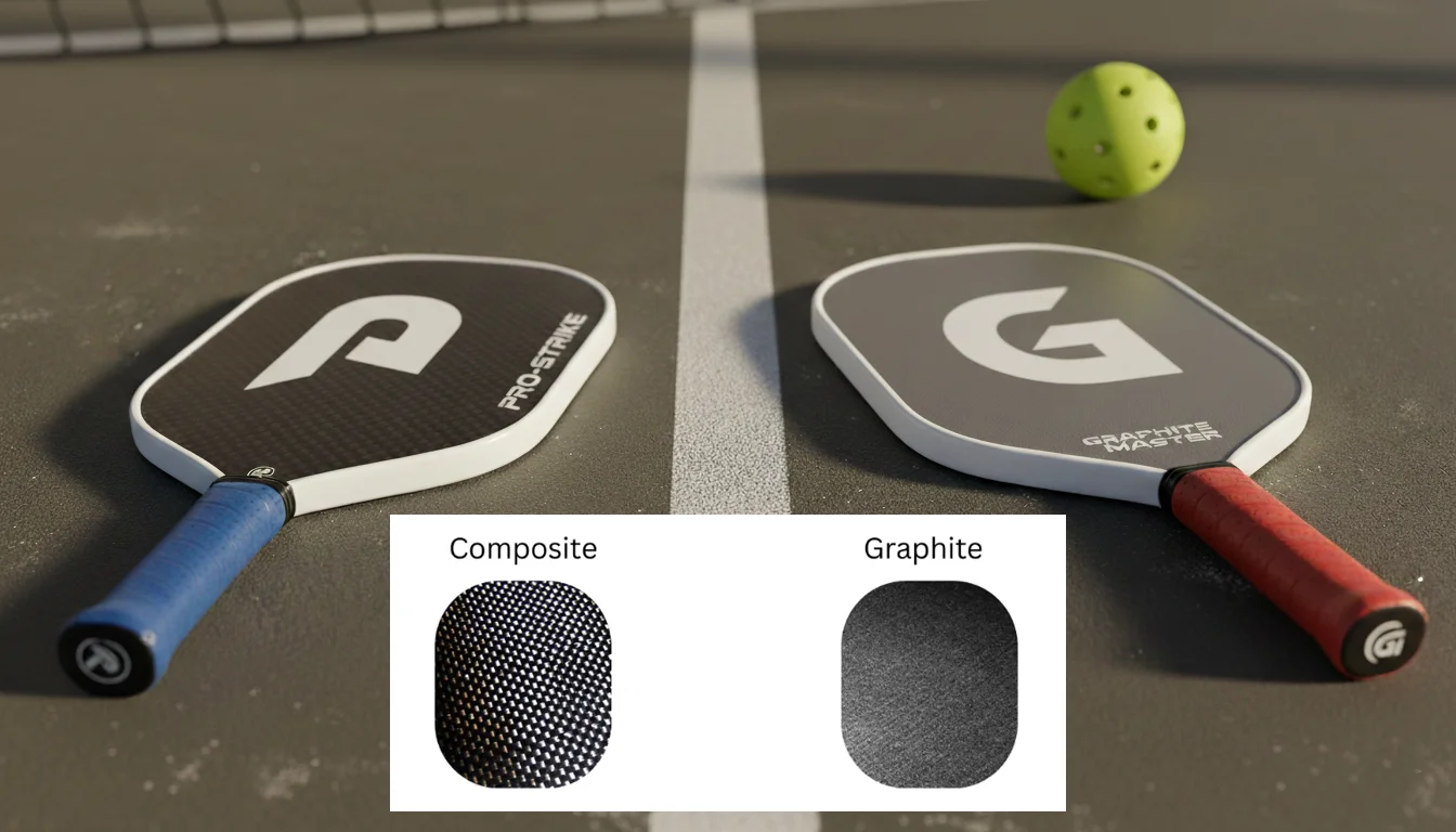 Comparison of Composite vs Graphite Pickleball Paddle showing differences in material, control, and power.