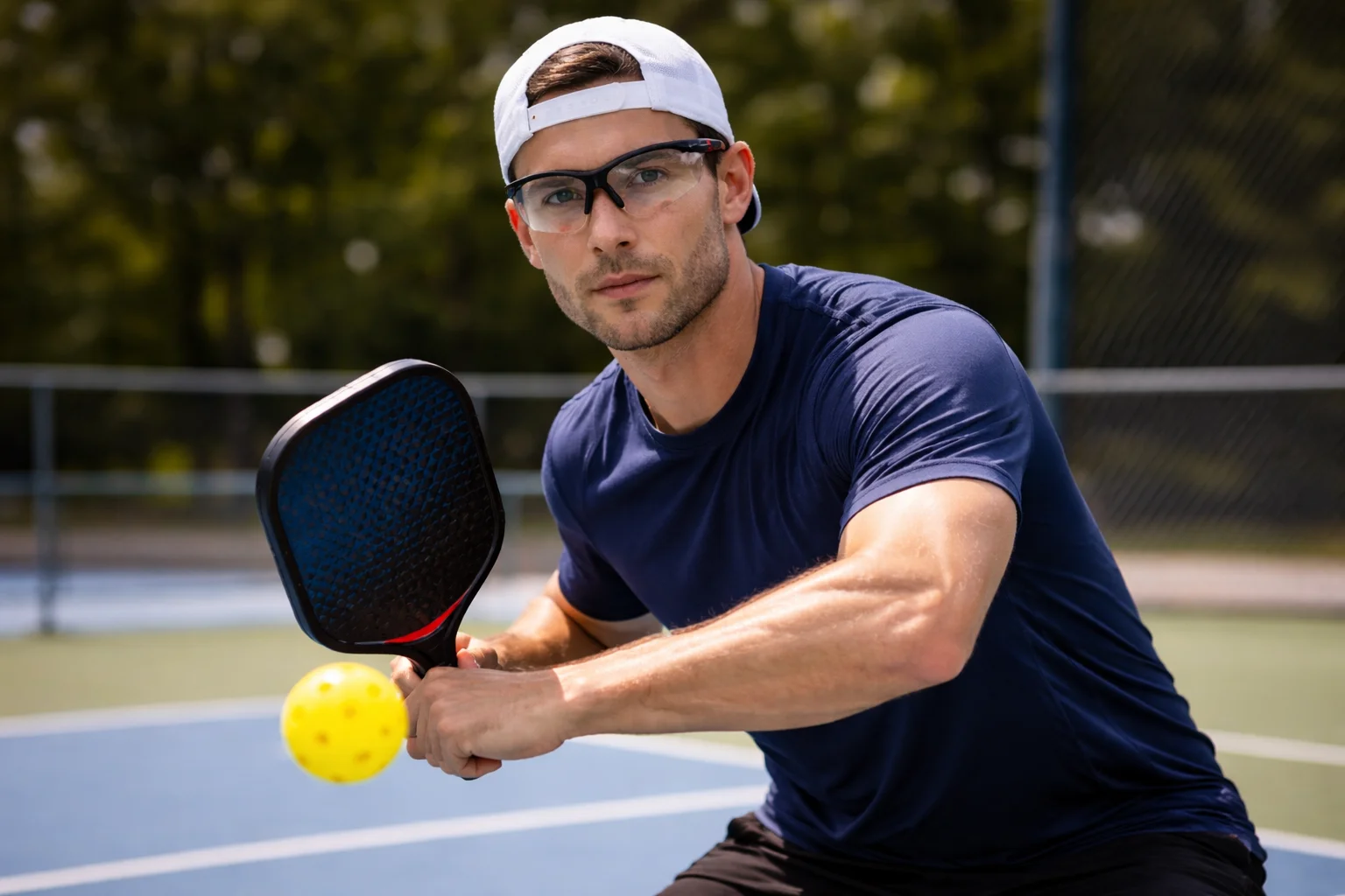 Pickleball player wearing pickleball protective eyewear while hitting the ball on an outdoor court
