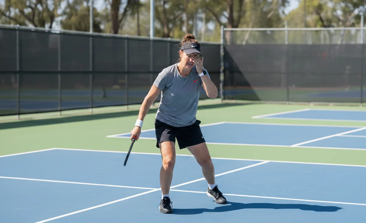 A pickleball player getting hit in the eye during a match without protective eyewear, highlighting the risk of pickleball eye injuries