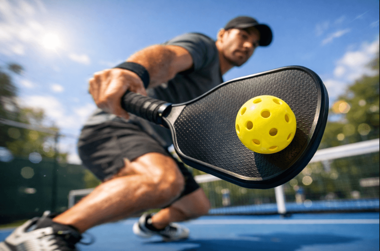 Man playing pickleball, hitting a yellow pickleball with a paddle, demonstrating top 10 pickleball tips.