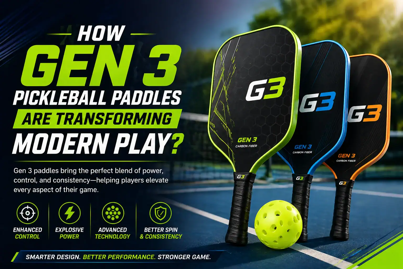 Gen 3 Pickleball Paddles in green, blue, and orange for enhanced control and explosive power