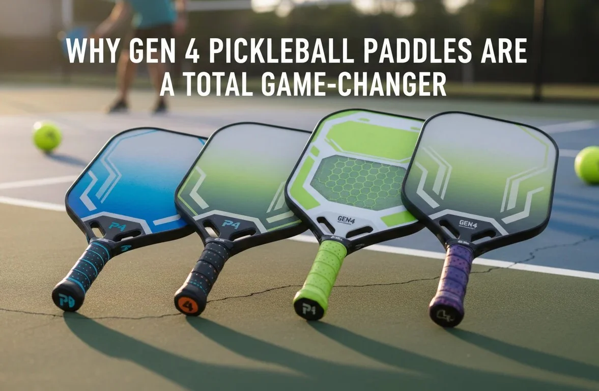 Gen 4 pickleball paddles lined up on an outdoor court with modern designs and a blurred player in the background showing advanced performance features