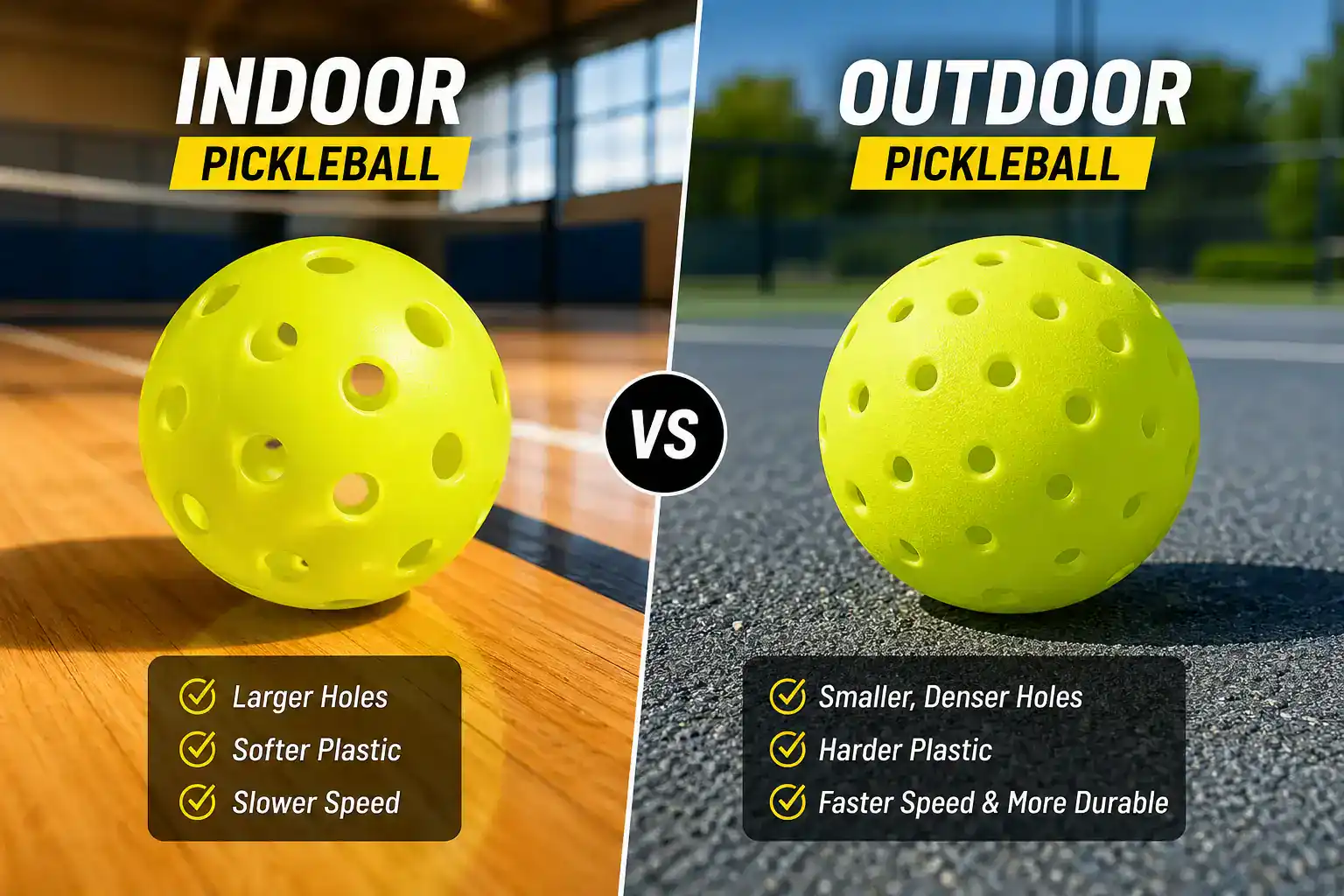 Indoor vs outdoor pickleball balls comparison showing indoor ball with larger holes on wooden floor and outdoor ball with smaller dense holes on concrete court.