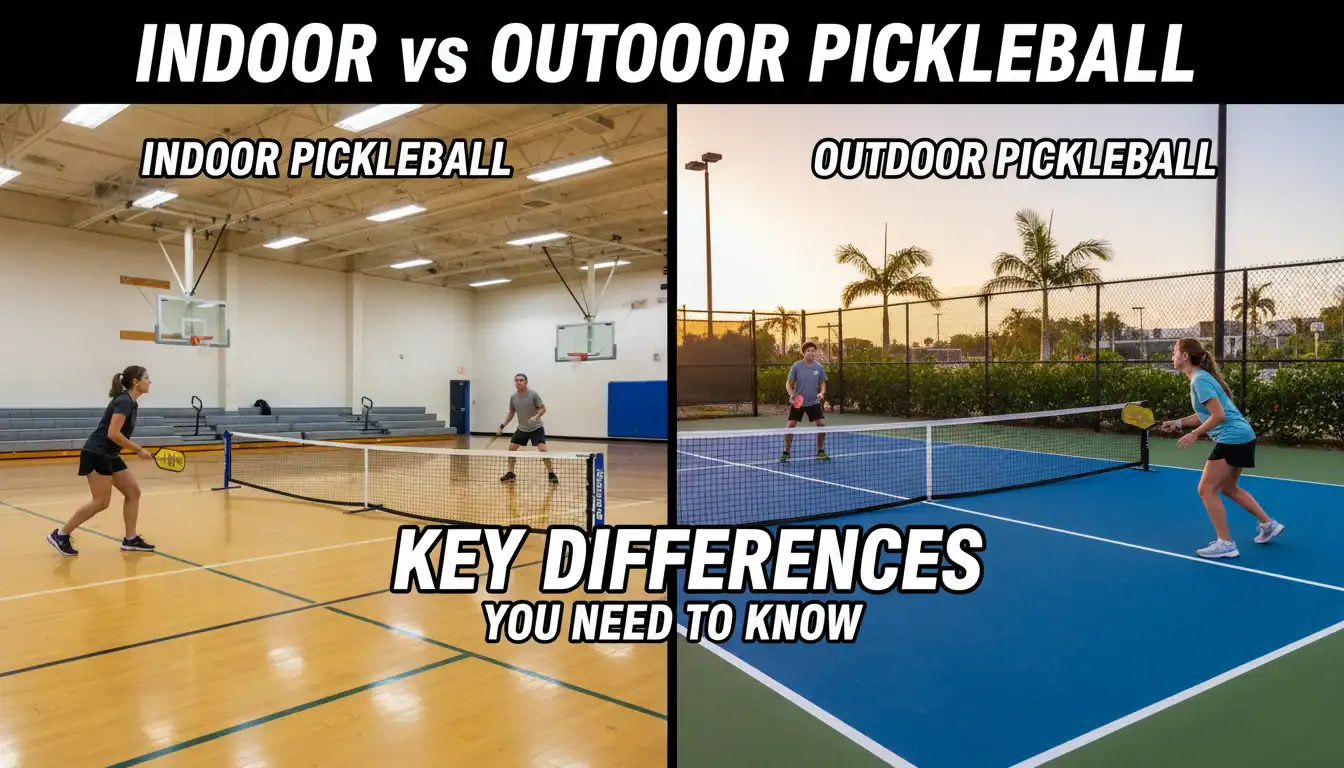 Indoor vs Outdoor Pickleball comparison showing players on a wooden gym court indoors and a blue outdoor court at sunset.