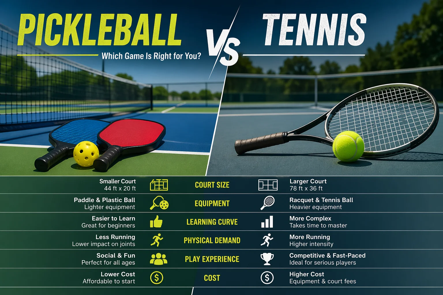 A visual comparison of pickleball vs. tennis: side-by-side images of pickleball and tennis equipment with key differences highlighted, such as court size, equipment weight, learning curve, physical demand, and cost.