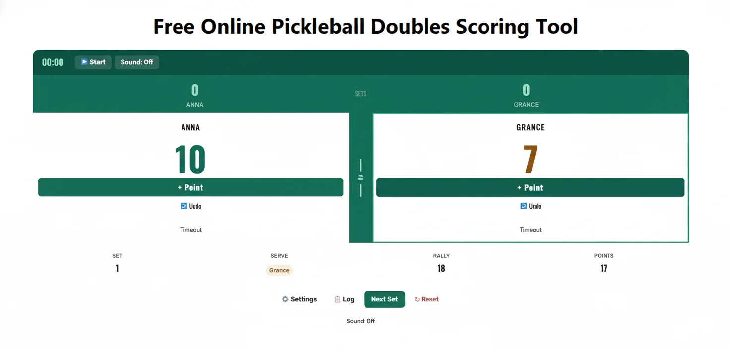 Free online pickleball doubles scoring tool showing Anna with 10 points and Grance with 7 points in Set 1, with 18 rallies and 17 total points tracked.
