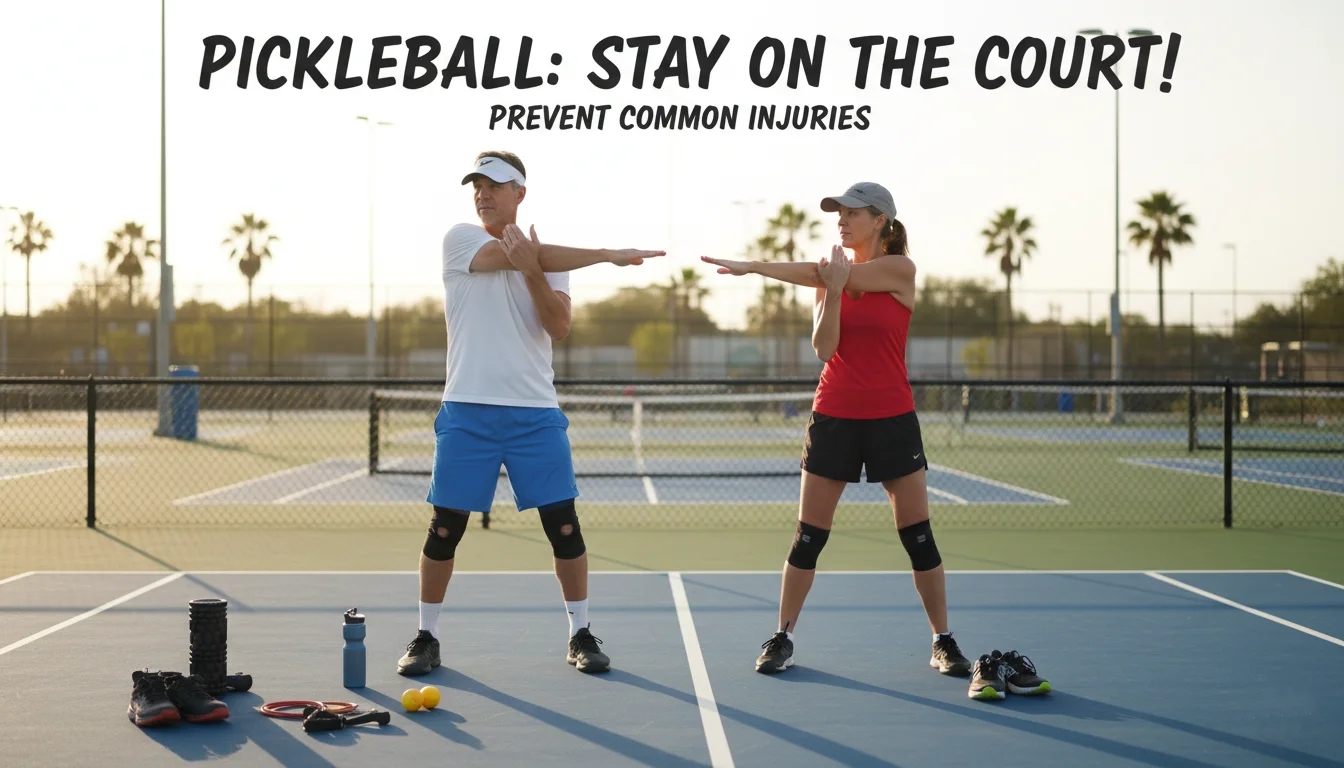 Two pickleball players warming up with arm stretch exercises on an outdoor court to prevent common pickleball injuries