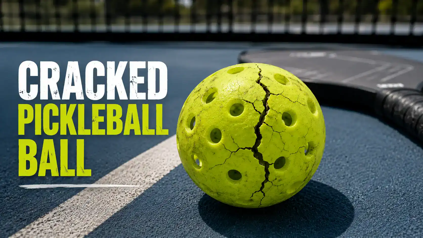 Cracked Pickleball Ball with deep visible cracks lying on a blue pickleball court next to a paddle.