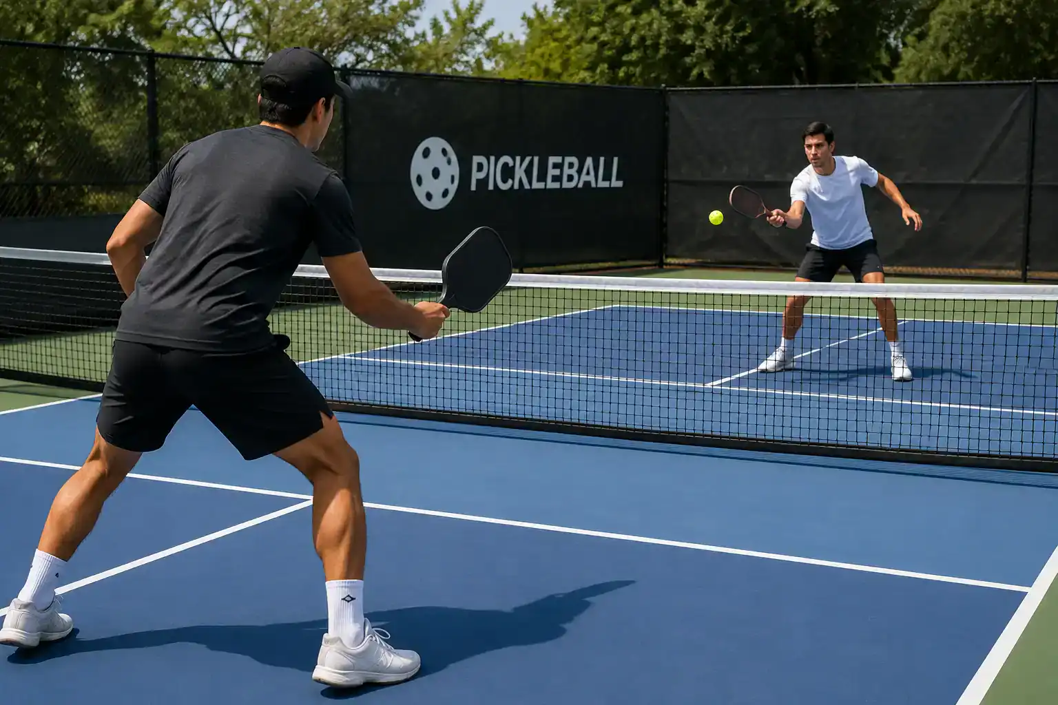 Two players are practicing pickleball training drills during a match on an outdoor court with a backdrop of palm trees and buildings.